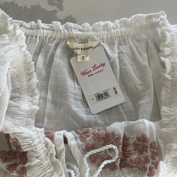Lucky Brand Bohemian Off-Shoulder White Blouse with Pink Embroidery - Picture 10 of 10